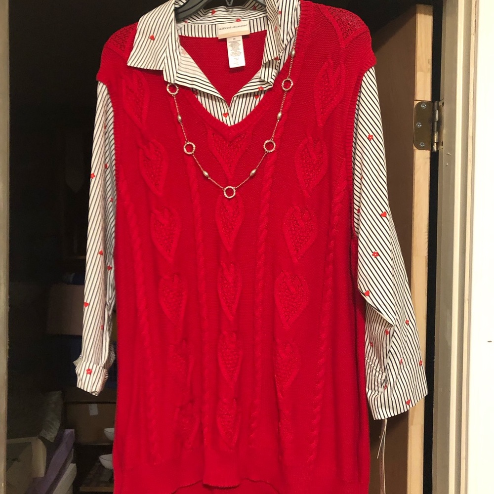 Chic Red Knit Vest with Striped Shirt